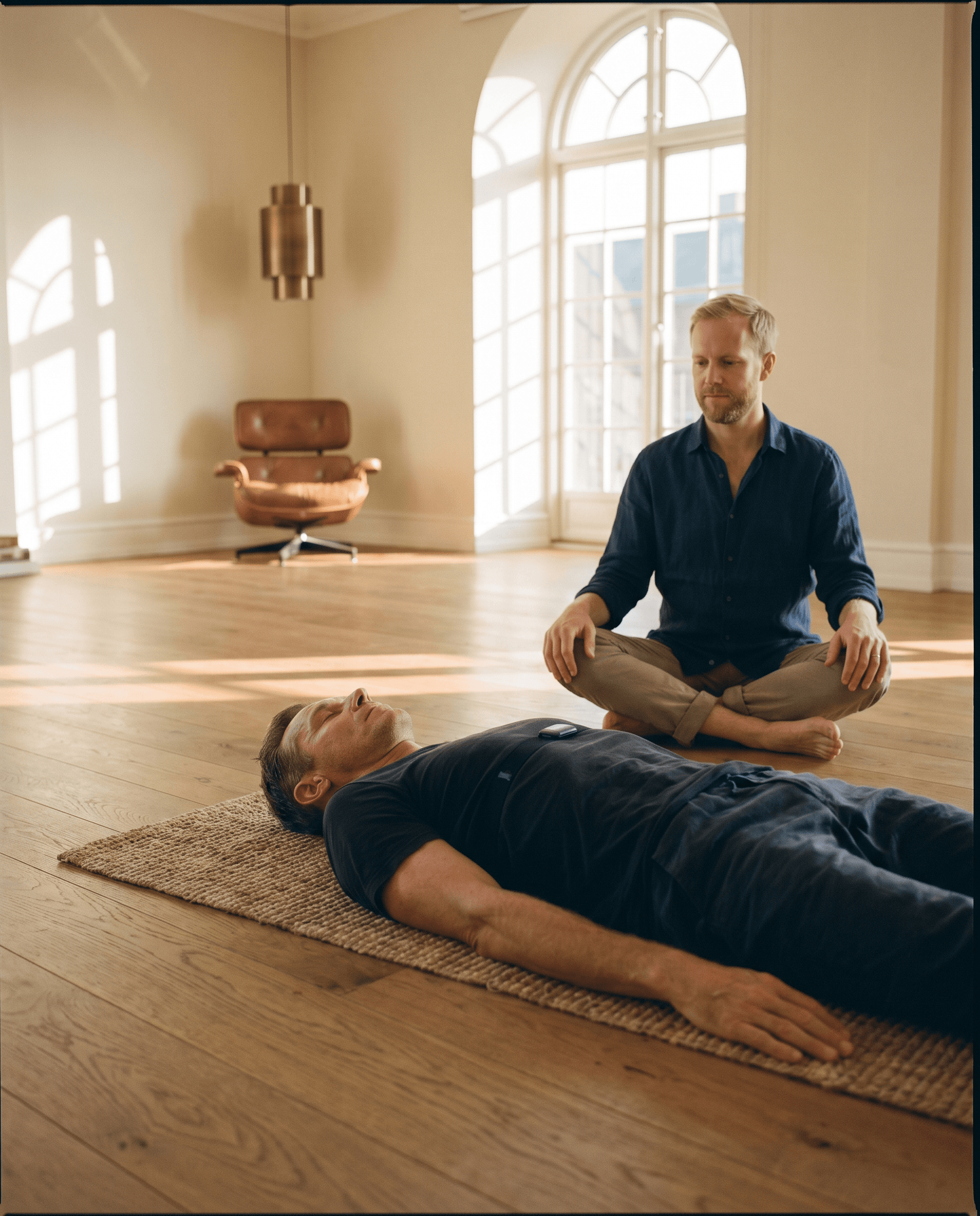 An intimate private session, golden hour light, a single client mid-protocol, Shea guiding