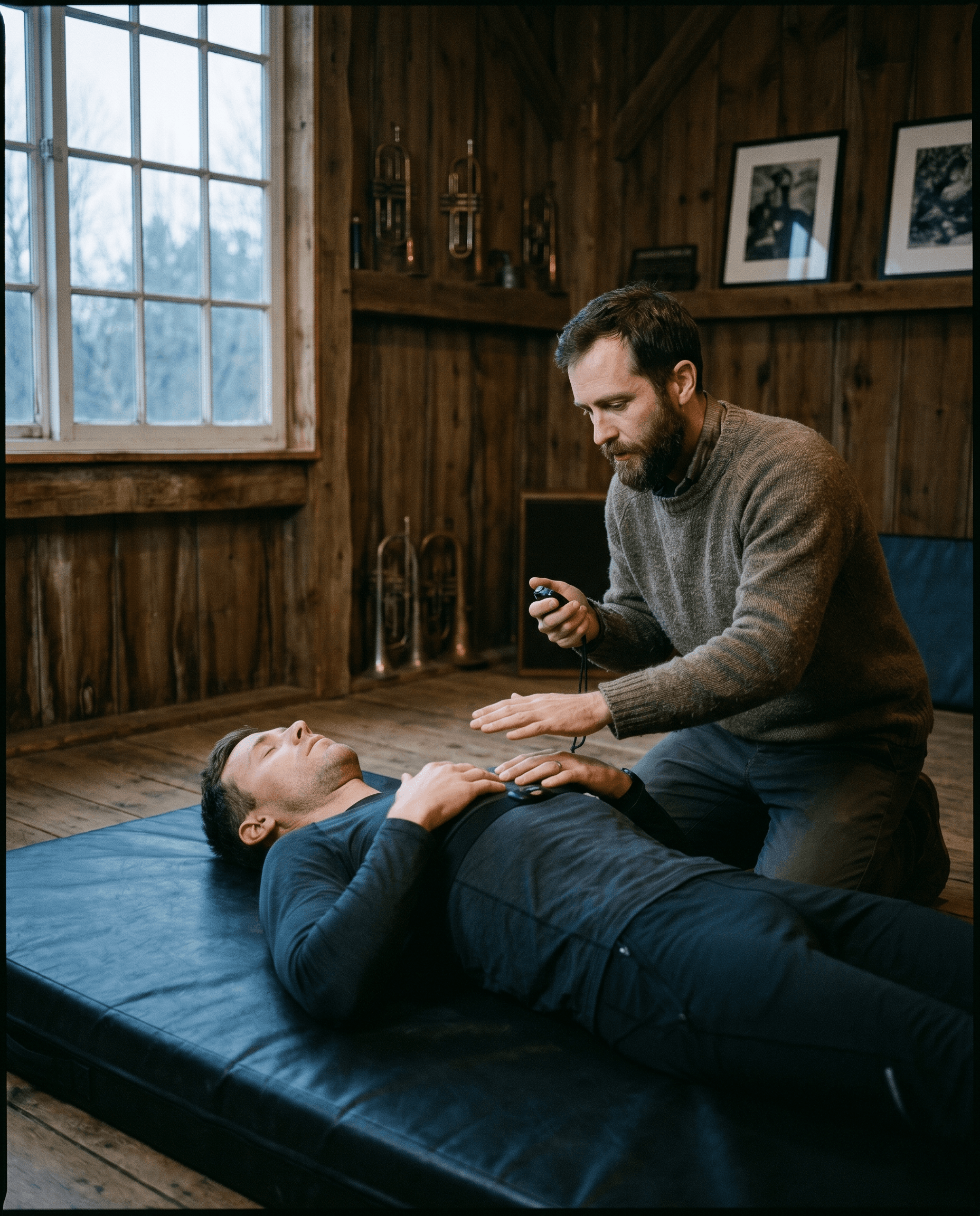 A 1:1 coaching moment, Shea coaching a single client through a breath hold