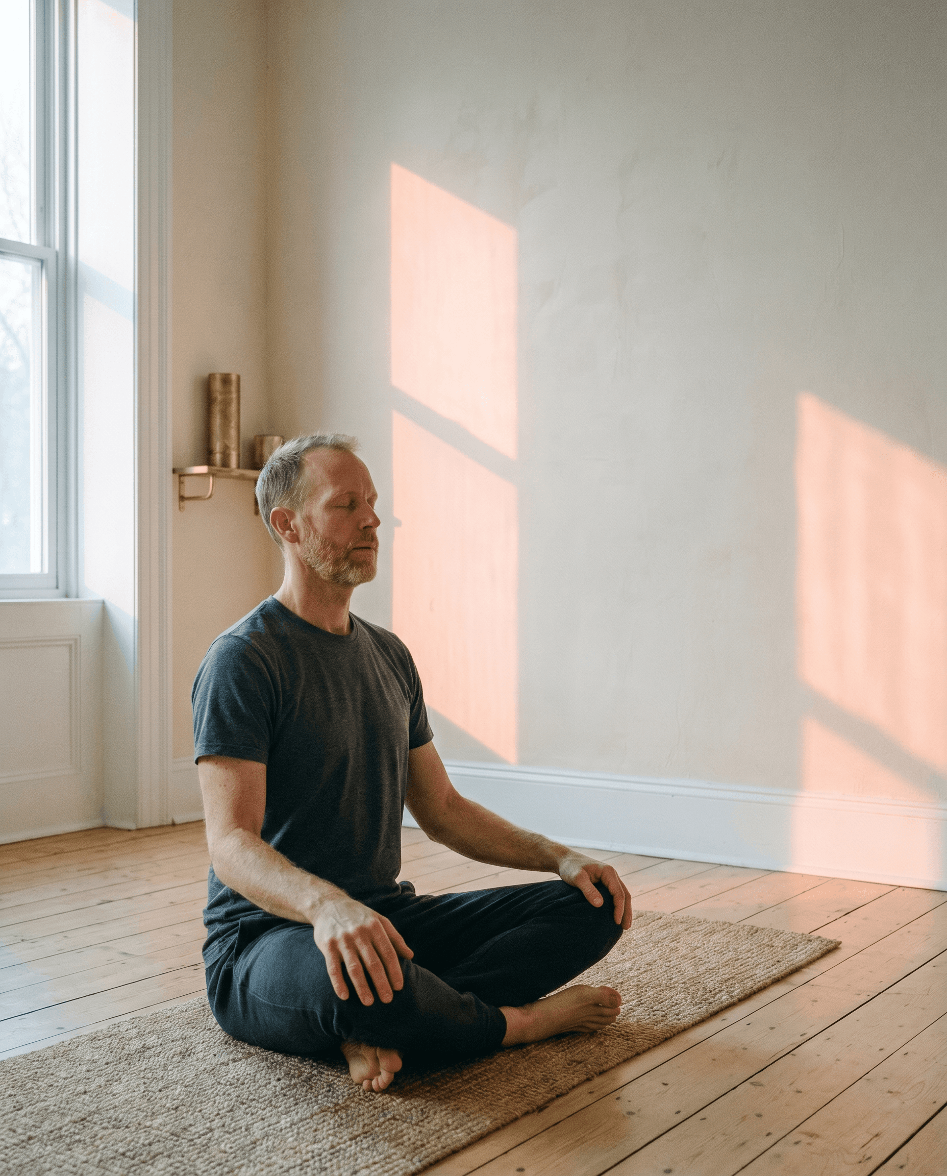 A practitioner alone, nasal breathing in a soft warm room, the foundation work begins
