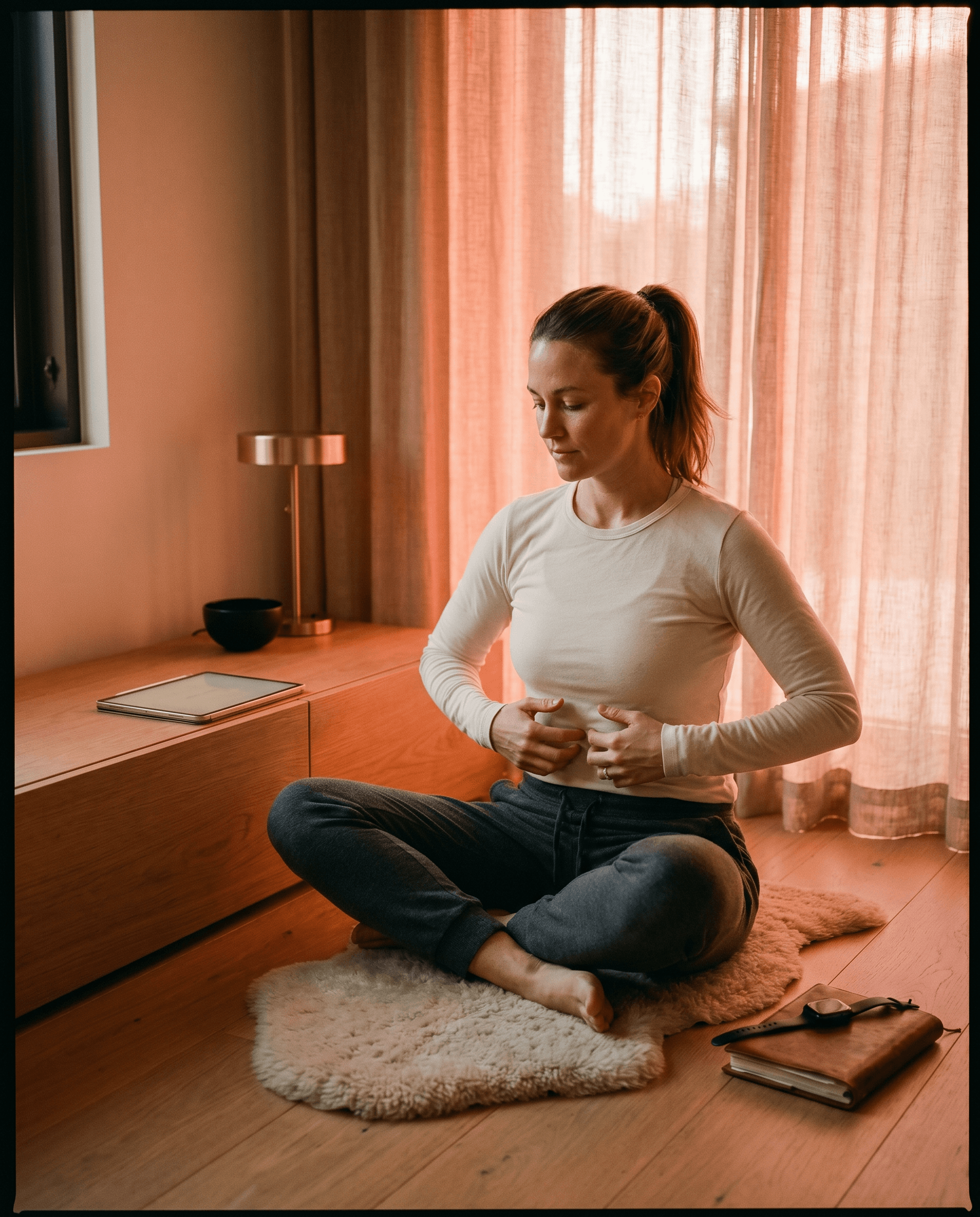 Someone at home with a tablet, working through a guided breath protocol at their own pace